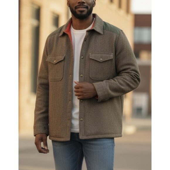 Woolrich 550 Fill Down Herringbone Wool Blend Barn Coat Jacket Mens Large Brown - Picture 2 of 15